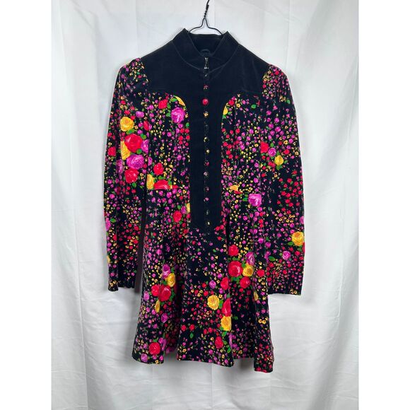 Orphee Dresses & Skirts - Vintage 70s Orphee Paris Floral Velvet Mini Dress XS Black French Mod Psych